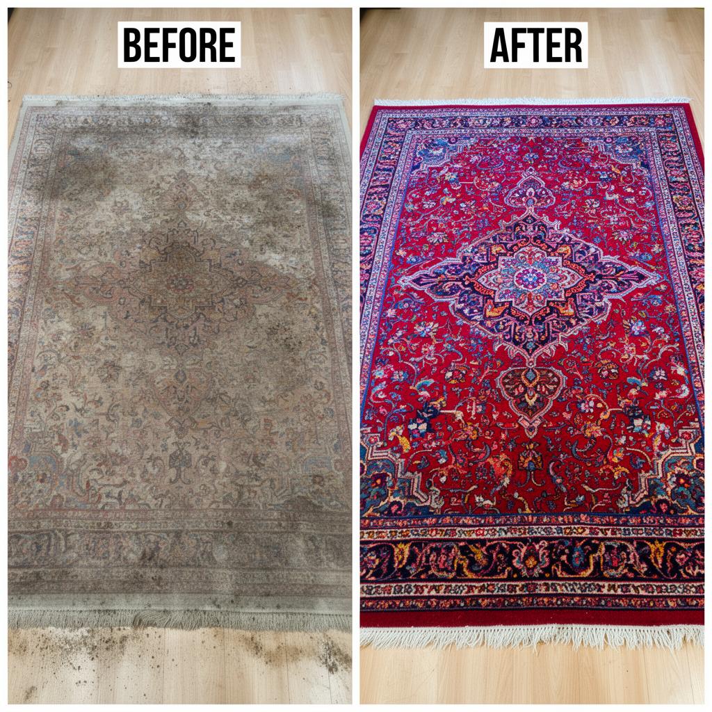 Before and after area rug cleaning